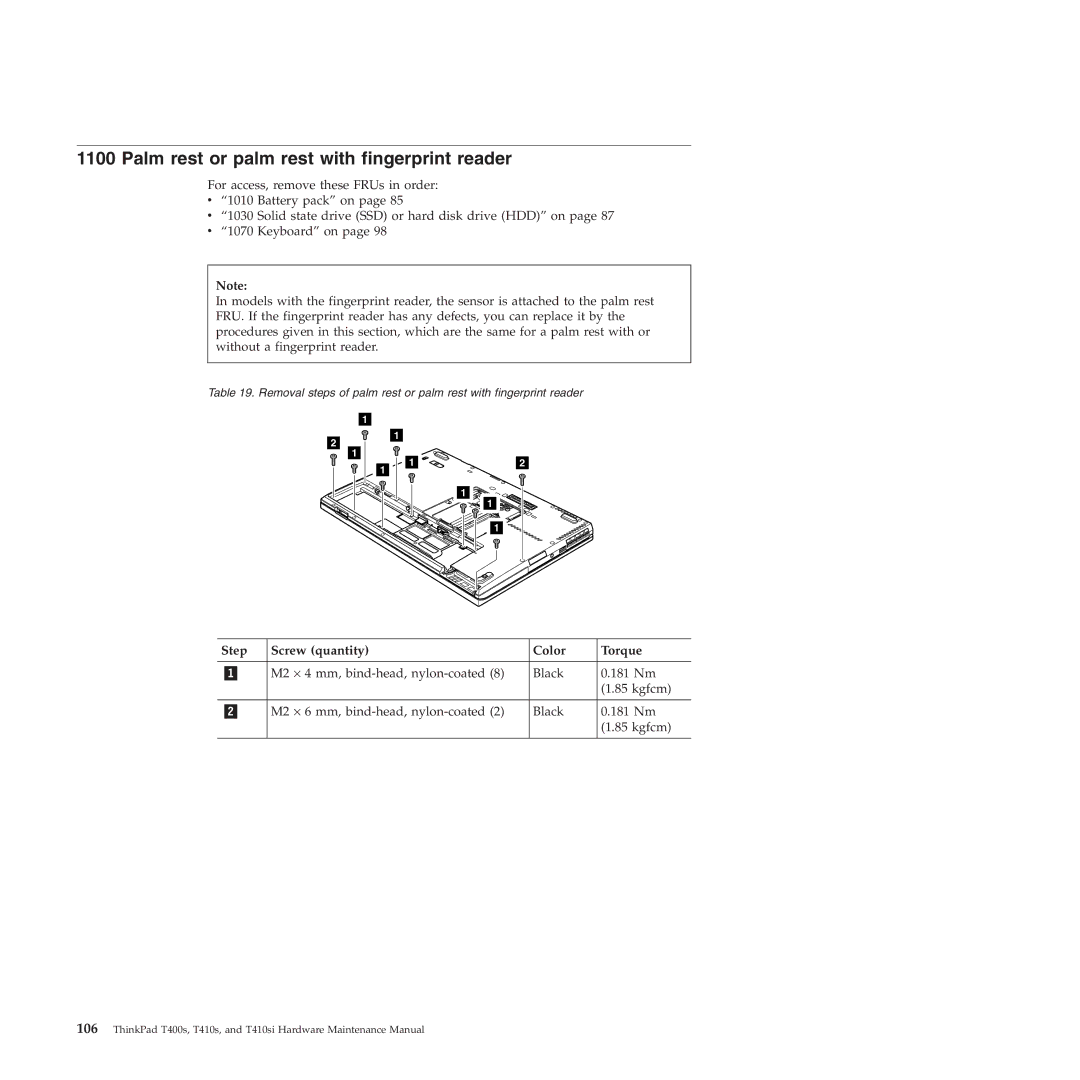 Lenovo T400S, T410SI manual Palm rest or palm rest with fingerprint reader 