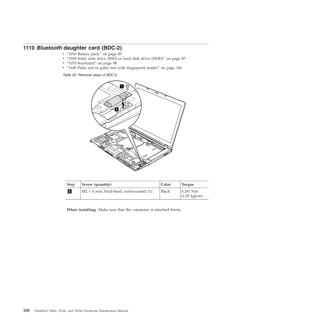 Lenovo T400S, T410SI manual Bluetooth daughter card BDC-2 