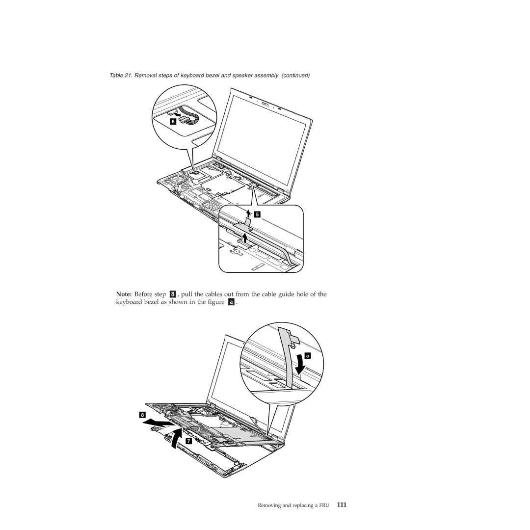 Lenovo T410SI, T400S manual Pull the cables out from the cable guide hole 