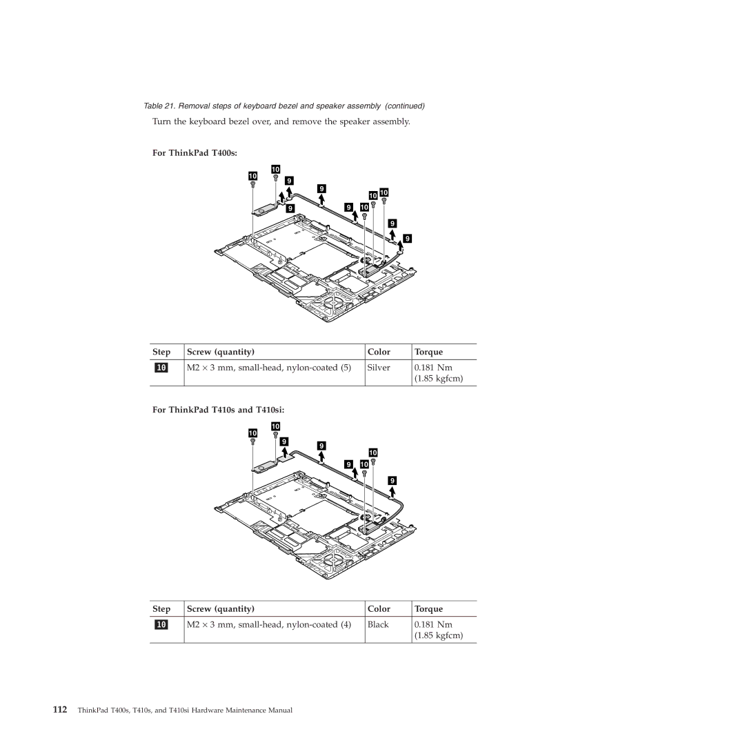 Lenovo T400S, T410SI manual For ThinkPad T400s Step Screw quantity Color Torque 