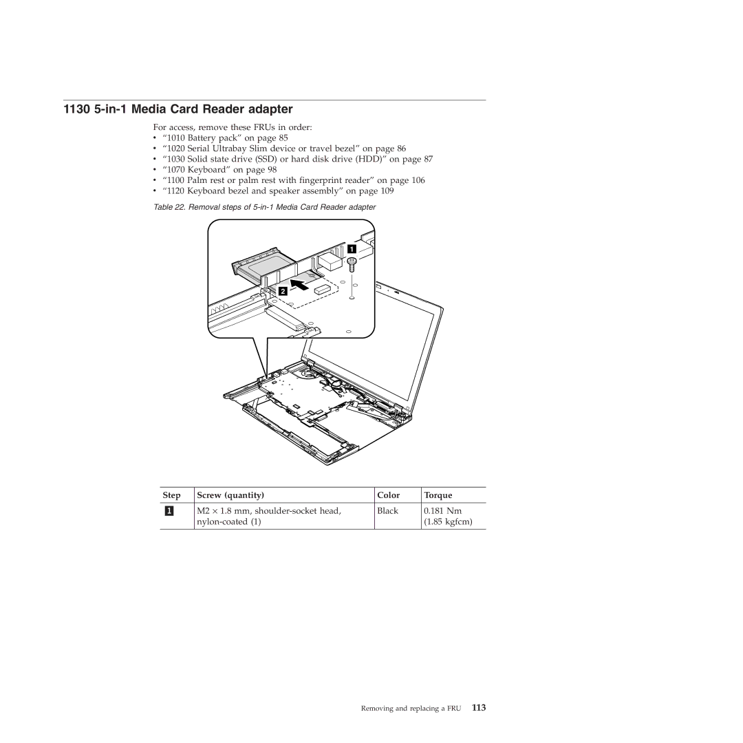 Lenovo T410SI, T400S manual 1130 5-in-1 Media Card Reader adapter, Step Screw quantity Color Torque 