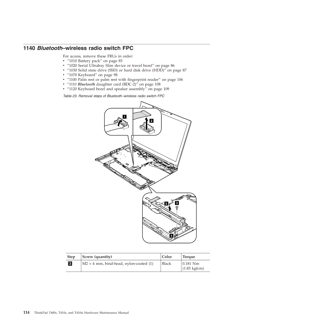 Lenovo T400S, T410SI manual Bluetooth-wireless radio switch FPC, M2 ⋅ 4 mm, bind-head, nylon-coated Black 181 Nm Kgfcm 