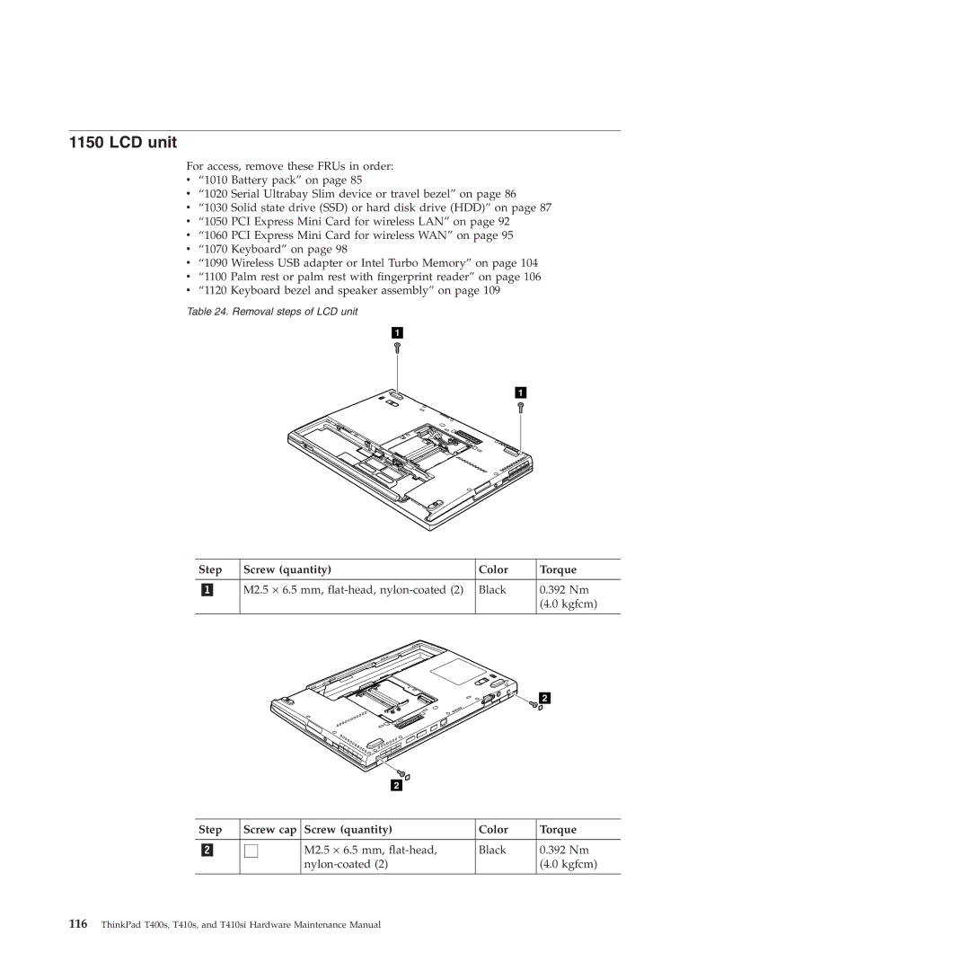 Lenovo T400S, T410SI manual LCD unit, Step Screw cap Screw quantity Color Torque 