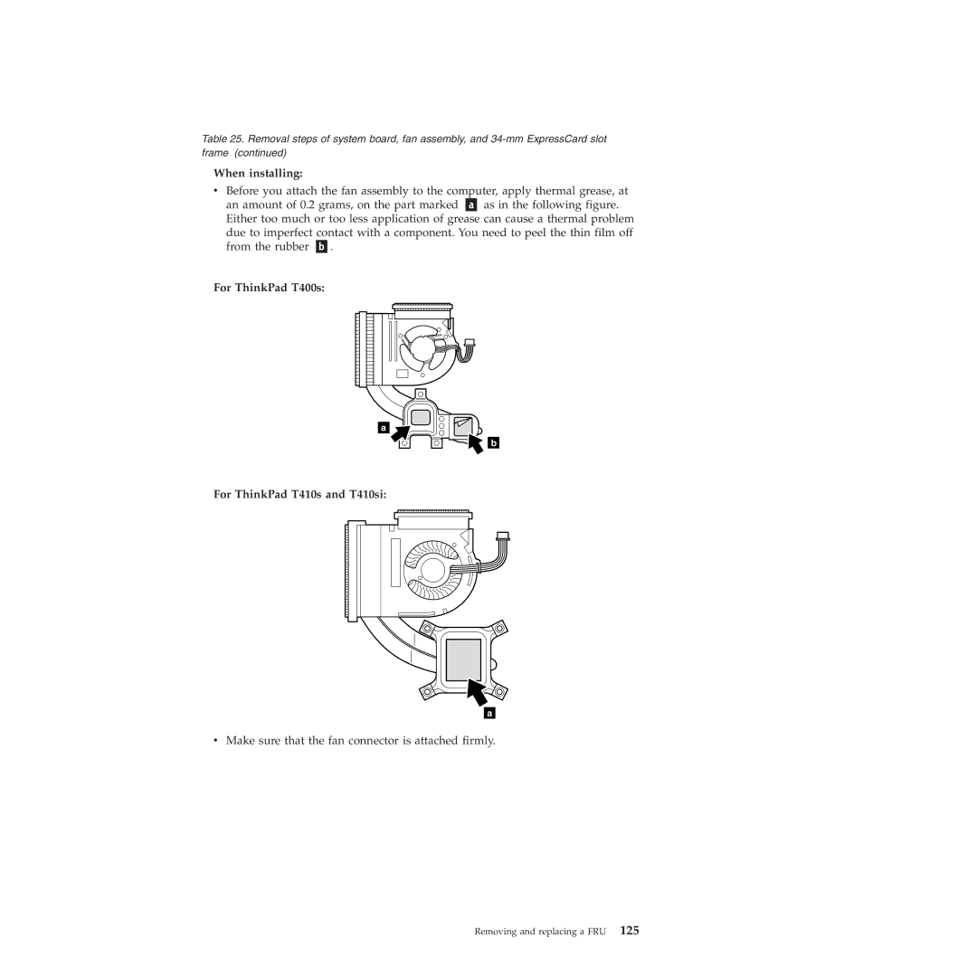 Lenovo T410SI, T400S For ThinkPad T400s For ThinkPad T410s and T410si, Make sure that the fan connector is attached firmly 