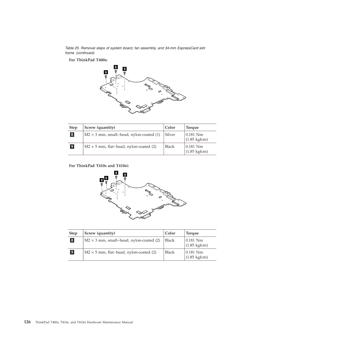 Lenovo T400S, T410SI manual For ThinkPad T400s Step Screw quantity Color Torque 