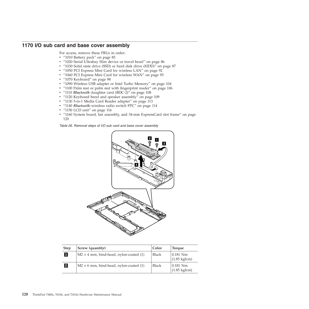 Lenovo T400S, T410SI manual 1170 I/O sub card and base cover assembly, Step Screw quantity Color Torque 