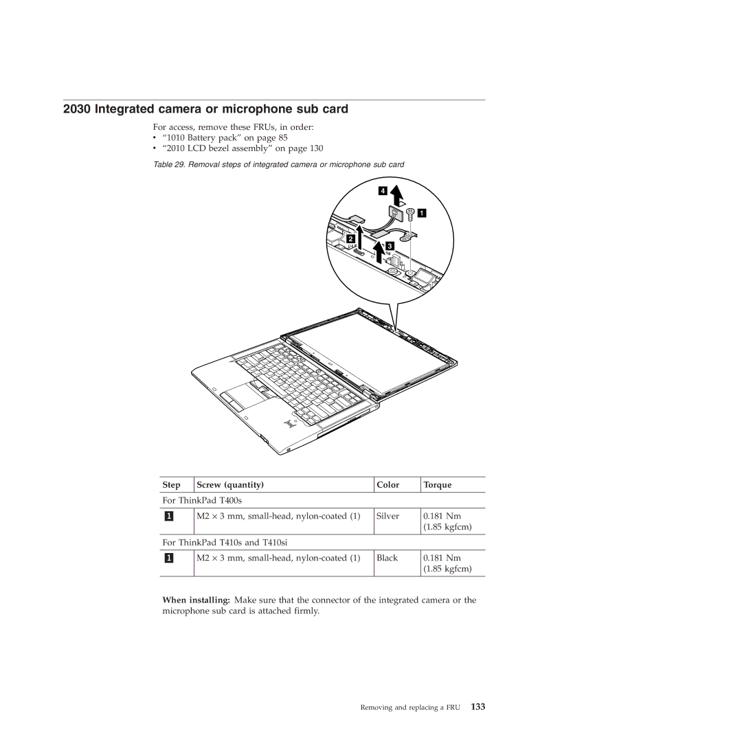 Lenovo T410SI, T400S manual Integrated camera or microphone sub card, Step Screw quantity Color Torque 