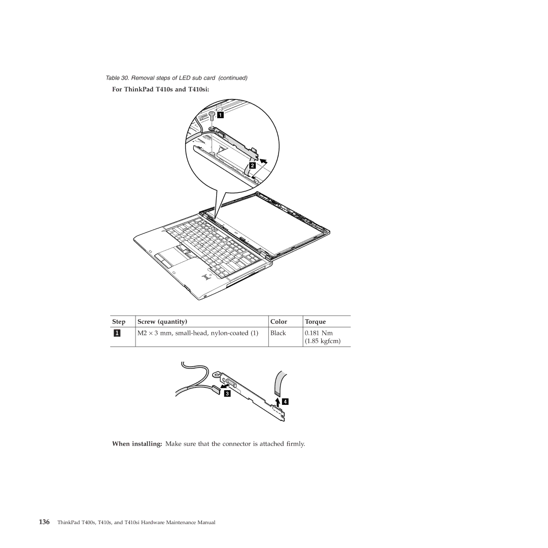 Lenovo T400S, T410SI manual Removal steps of LED sub card 