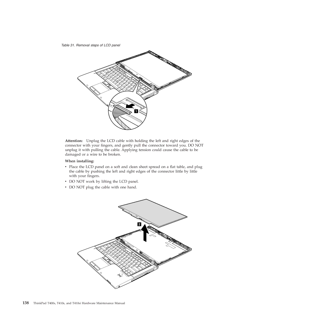 Lenovo T400S, T410SI manual Removal steps of LCD panel 