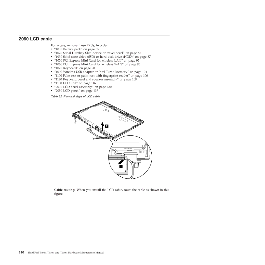 Lenovo T400S, T410SI manual LCD cable 