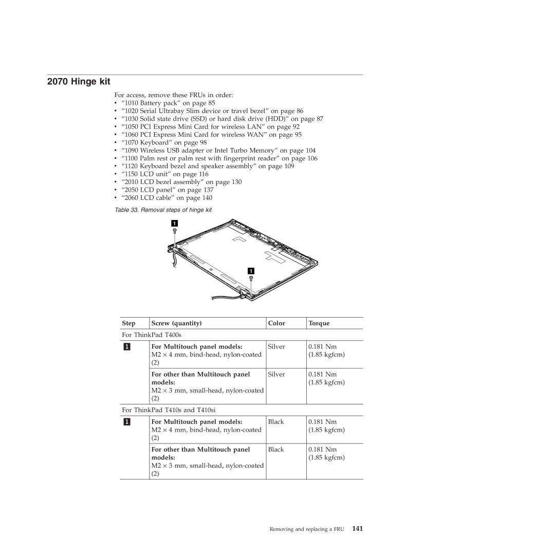 Lenovo T410SI, T400S manual Hinge kit, For Multitouch panel models, For other than Multitouch panel, Models 