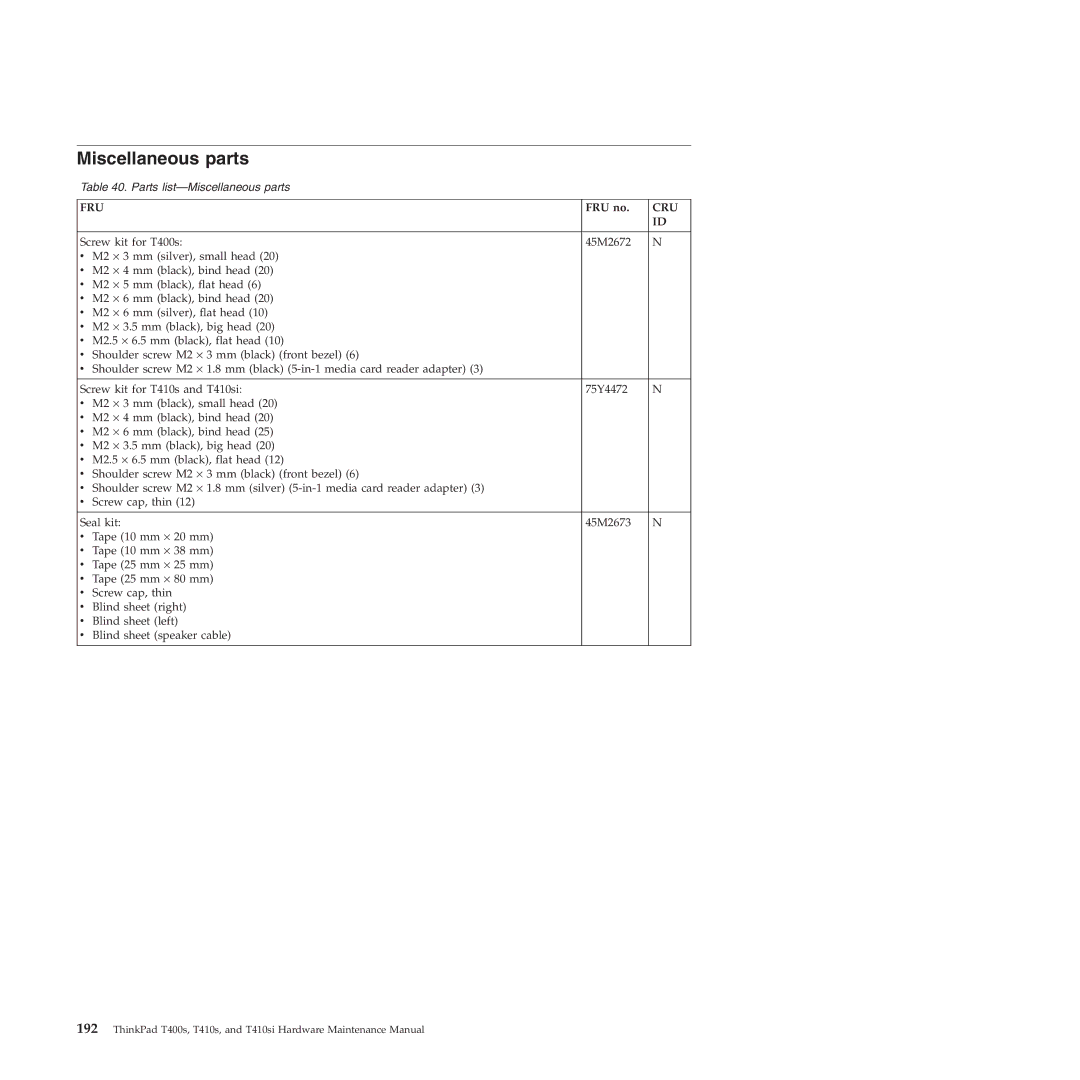 Lenovo T400S, T410SI manual Miscellaneous parts 