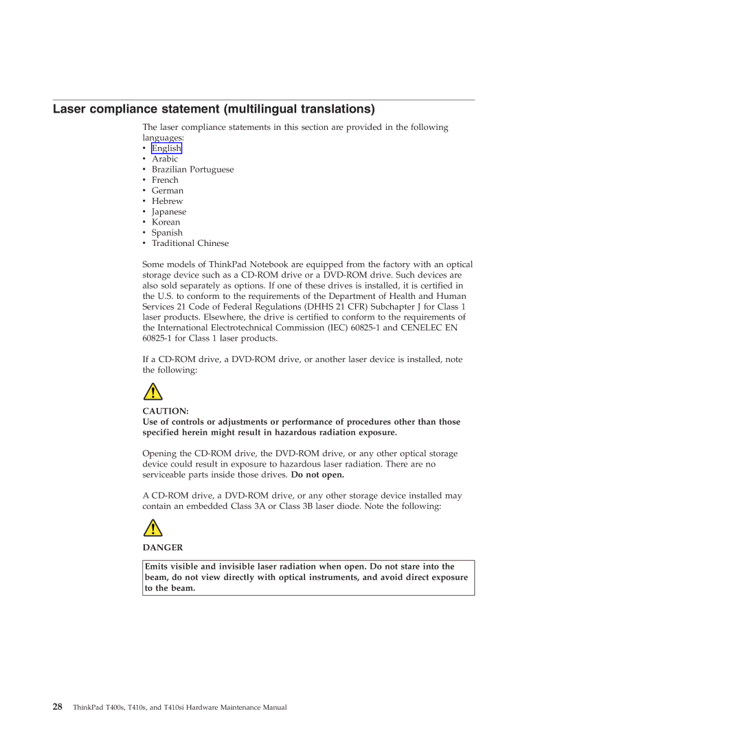 Lenovo T400S, T410SI manual Laser compliance statement multilingual translations 