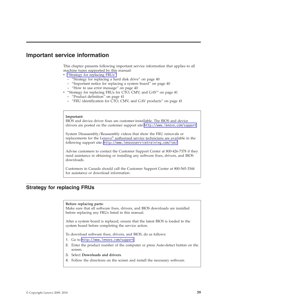 Lenovo T410SI, T400S manual Strategy for replacing FRUs, Before replacing parts, Select Downloads and drivers 