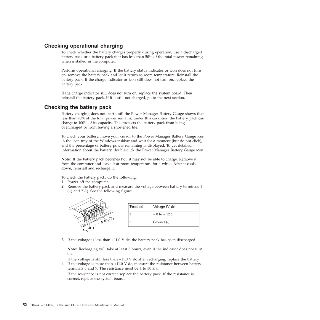 Lenovo T400S, T410SI manual Checking operational charging, Checking the battery pack, Terminal Voltage V dc 