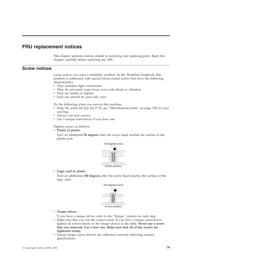 Lenovo T410SI, T400S manual Screw notices, Plastic to plastic, Logic card to plastic, Torque driver 