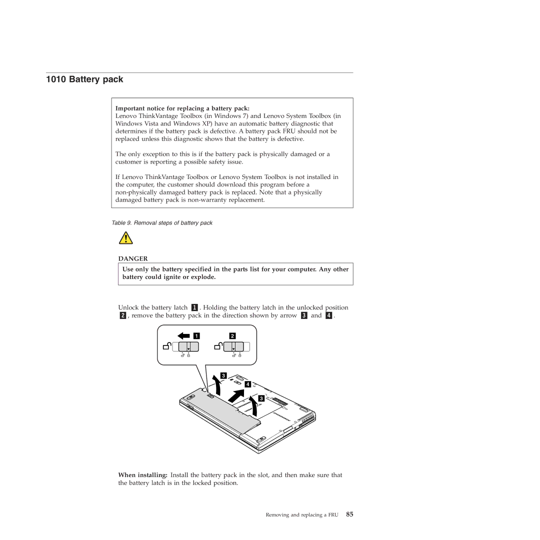 Lenovo T410SI, T400S manual Battery pack, Important notice for replacing a battery pack 