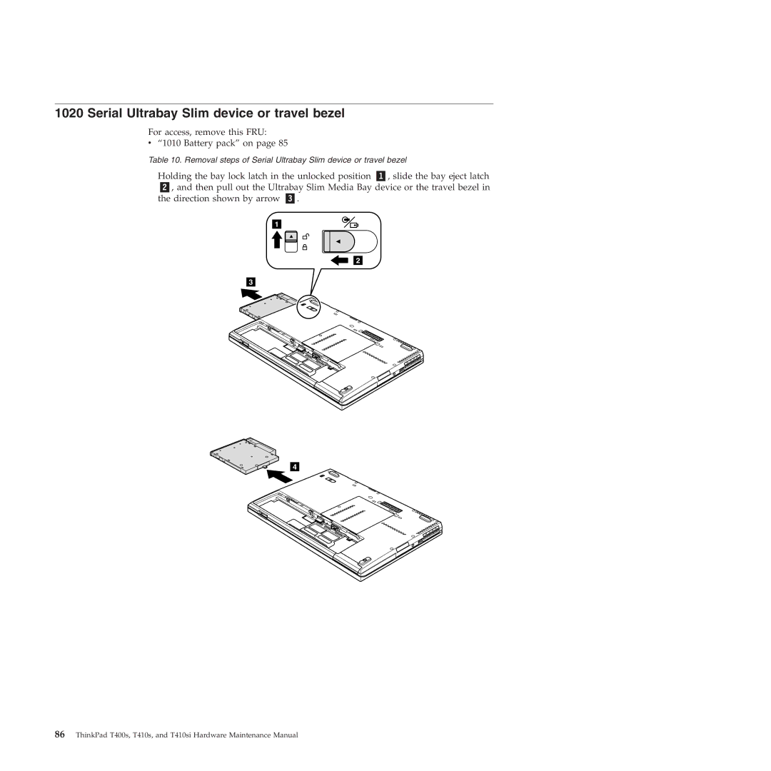 Lenovo T400S, T410SI manual Serial Ultrabay Slim device or travel bezel 