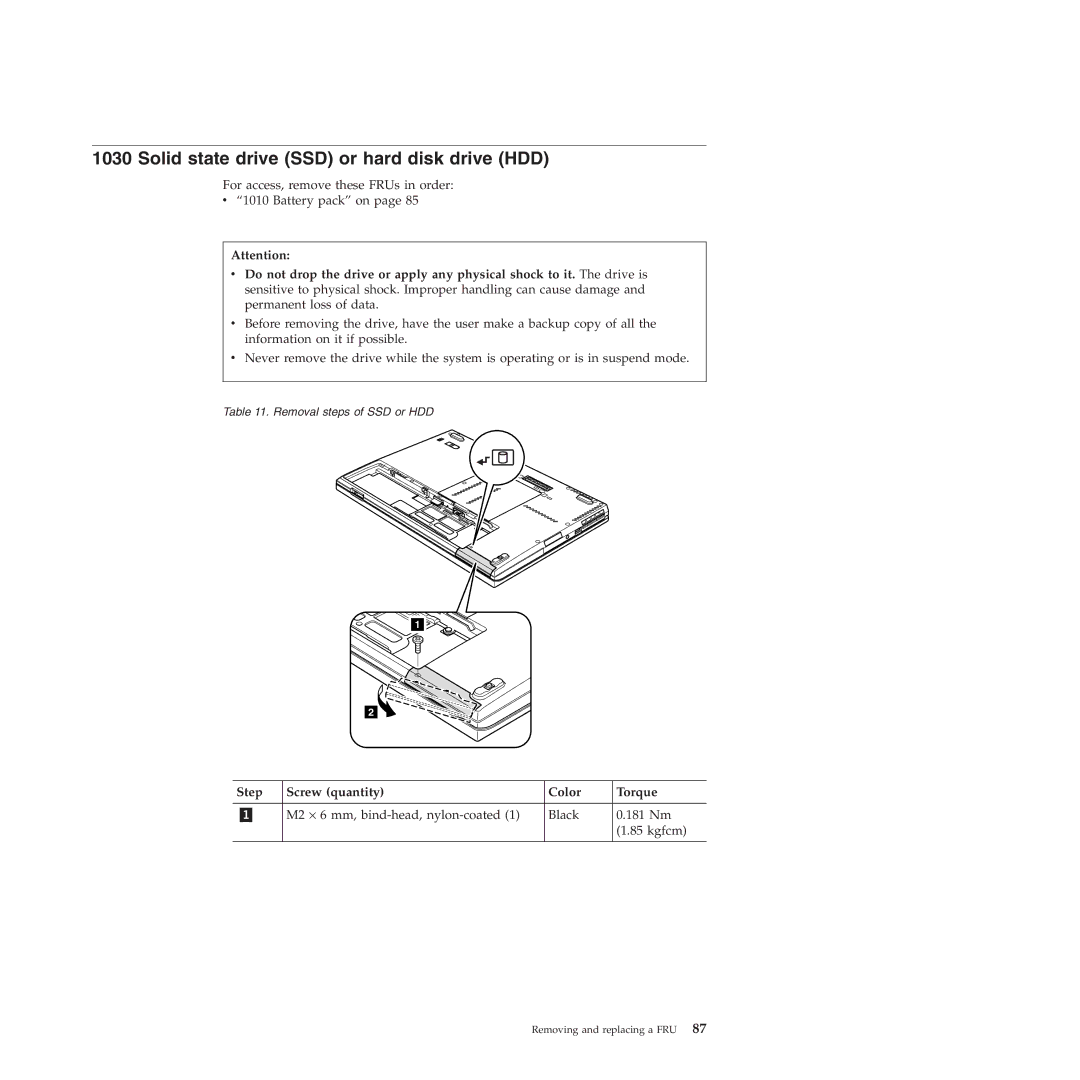 Lenovo T410SI, T400S manual Solid state drive SSD or hard disk drive HDD, Step Screw quantity Color Torque 