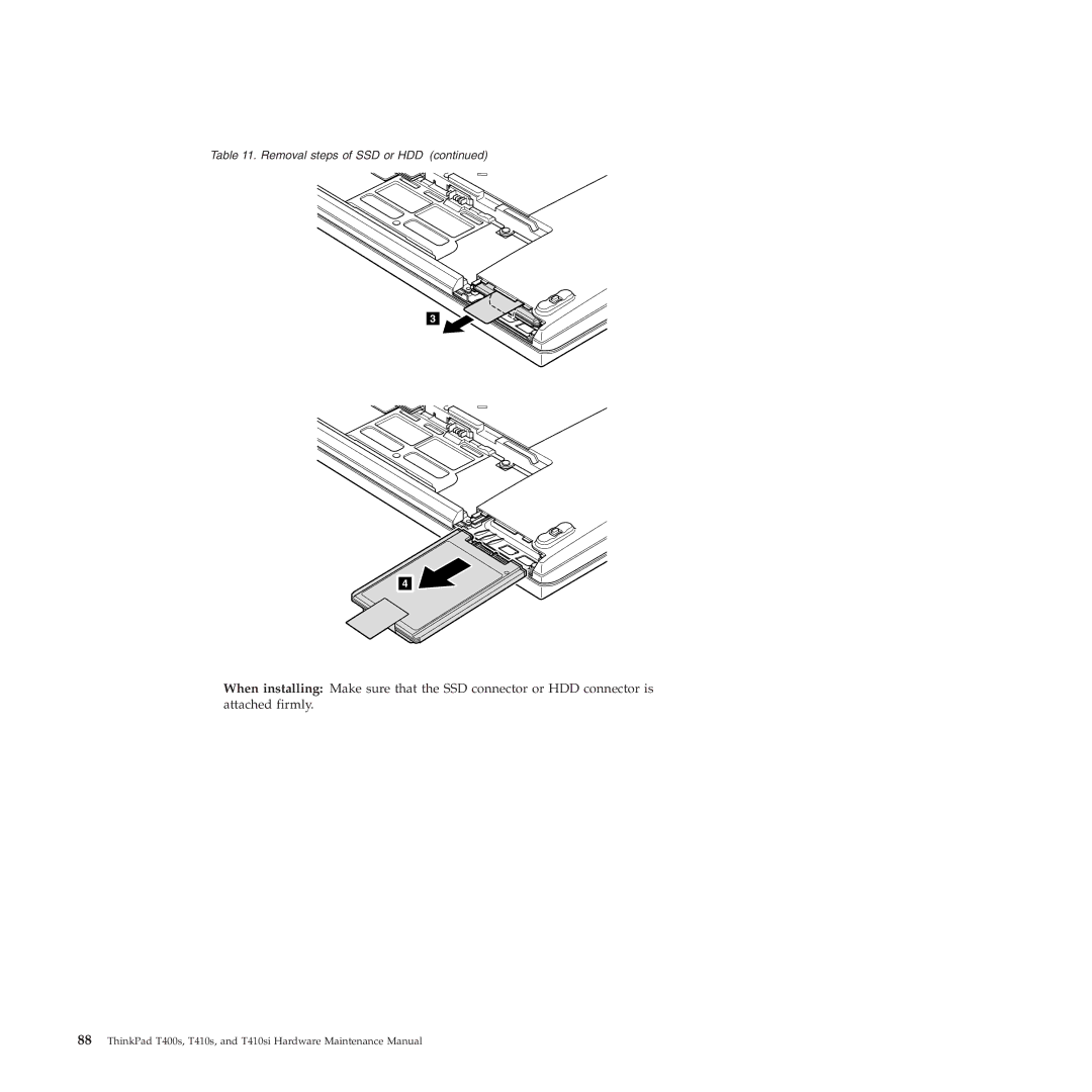 Lenovo T400S, T410SI manual Removal steps of SSD or HDD 