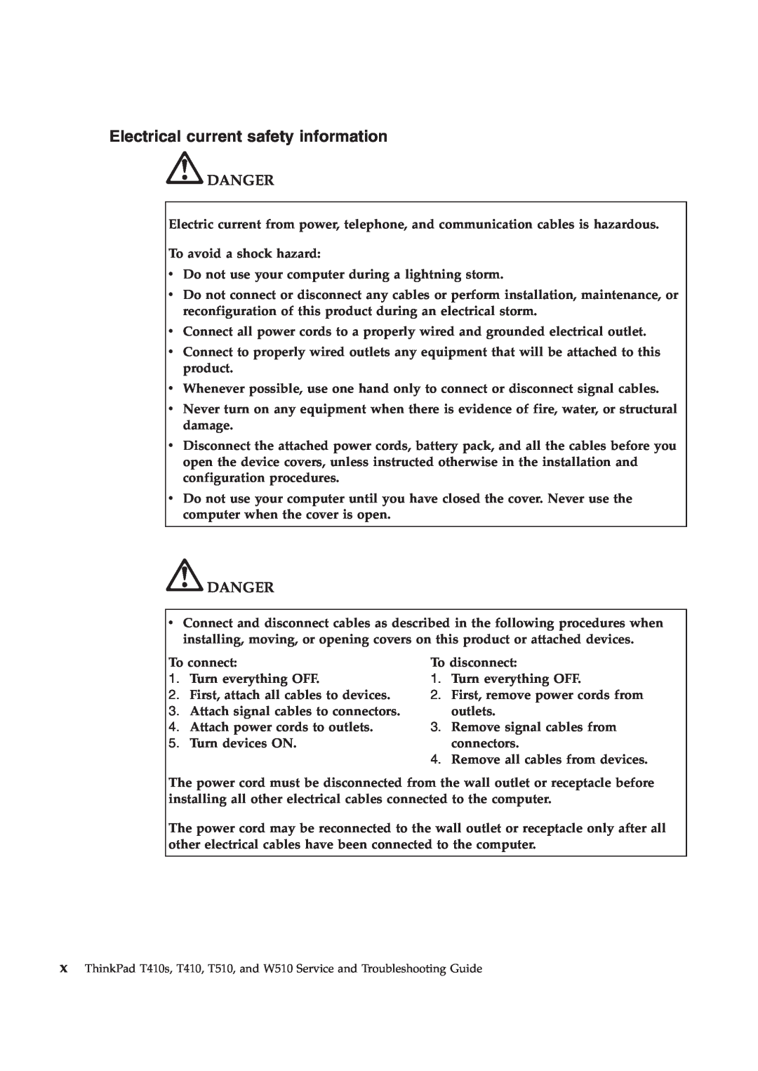 Lenovo T410S manual Electrical current safety information, Danger 