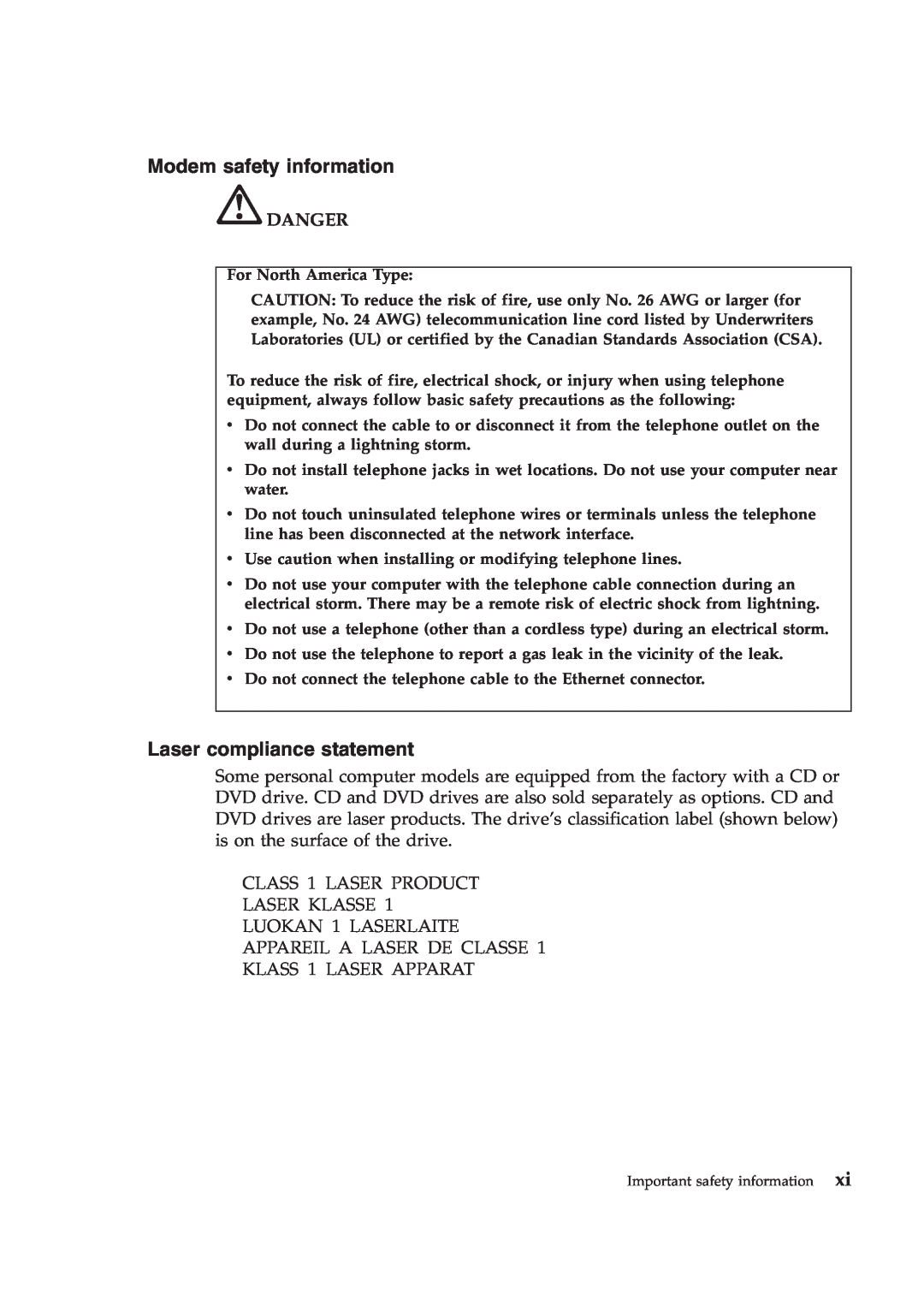Lenovo T410S manual Modem safety information, Laser compliance statement, Danger, CLASS 1 LASER PRODUCT LASER KLASSE 