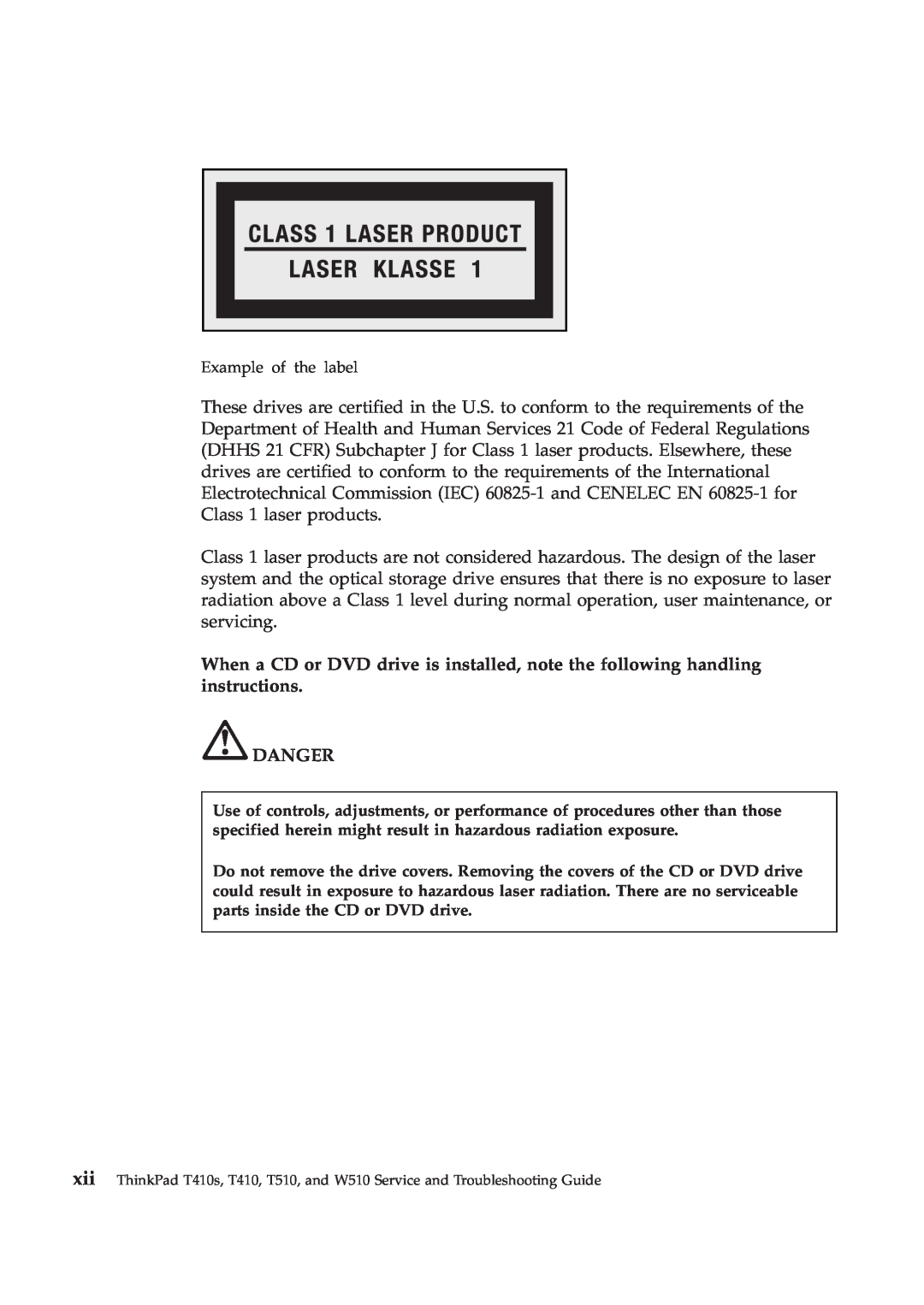 Lenovo T410S manual Danger, Example of the label 