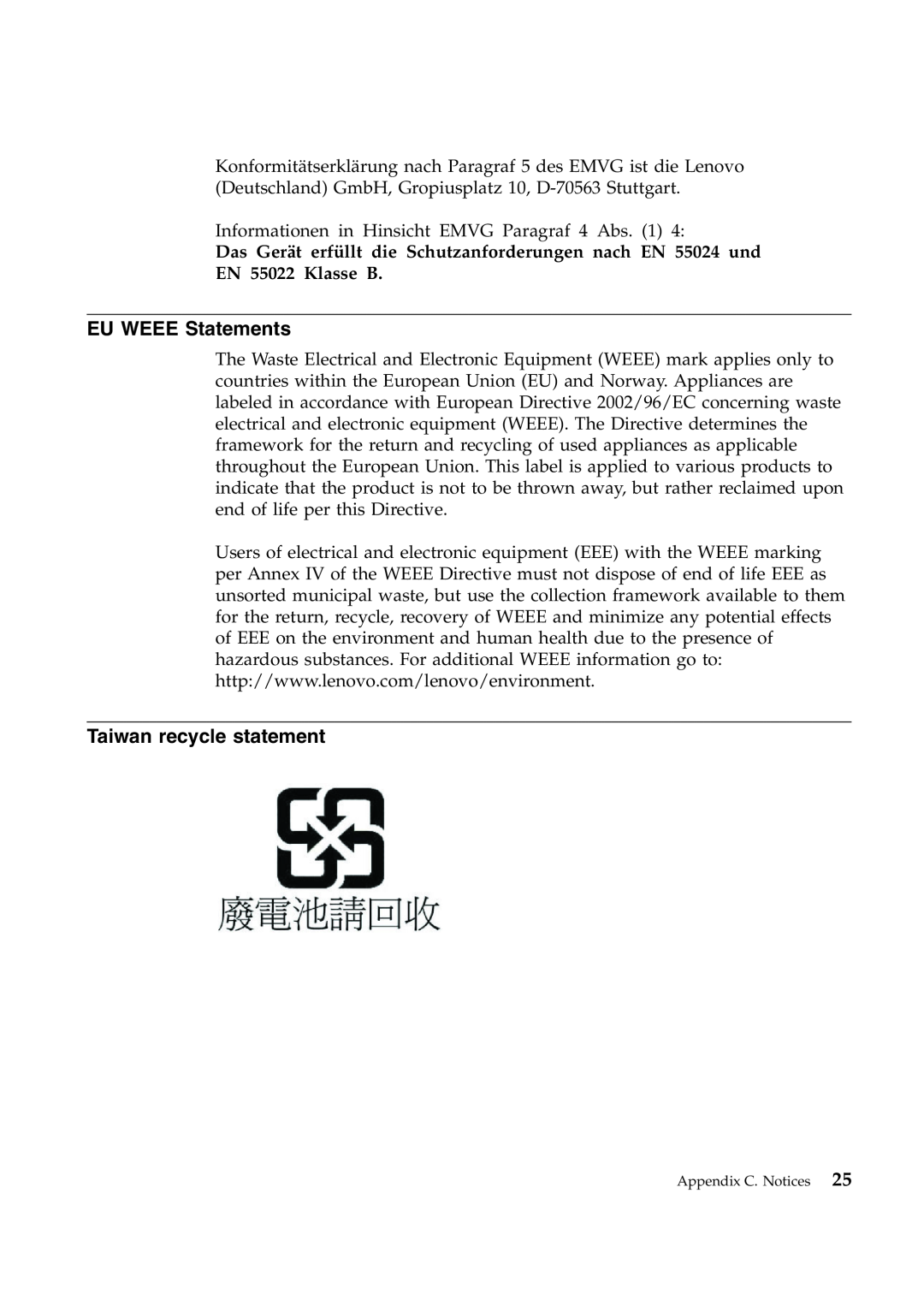 Lenovo T410S manual EU WEEE Statements, Taiwan recycle statement, EN 55022 Klasse B 
