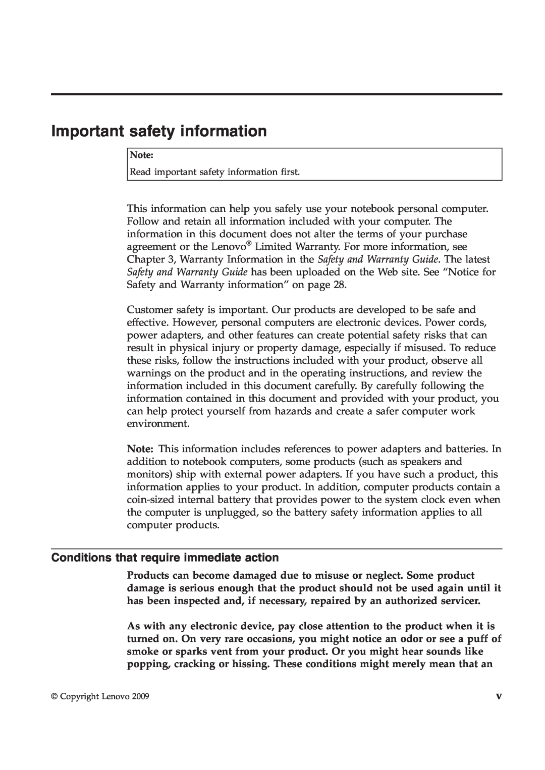 Lenovo T410S manual Important safety information, Conditions that require immediate action 
