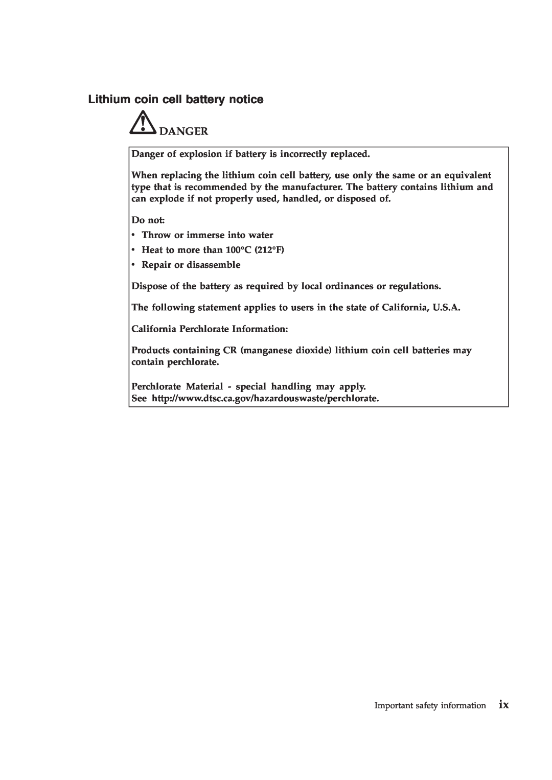 Lenovo T410S manual Lithium coin cell battery notice, Danger 