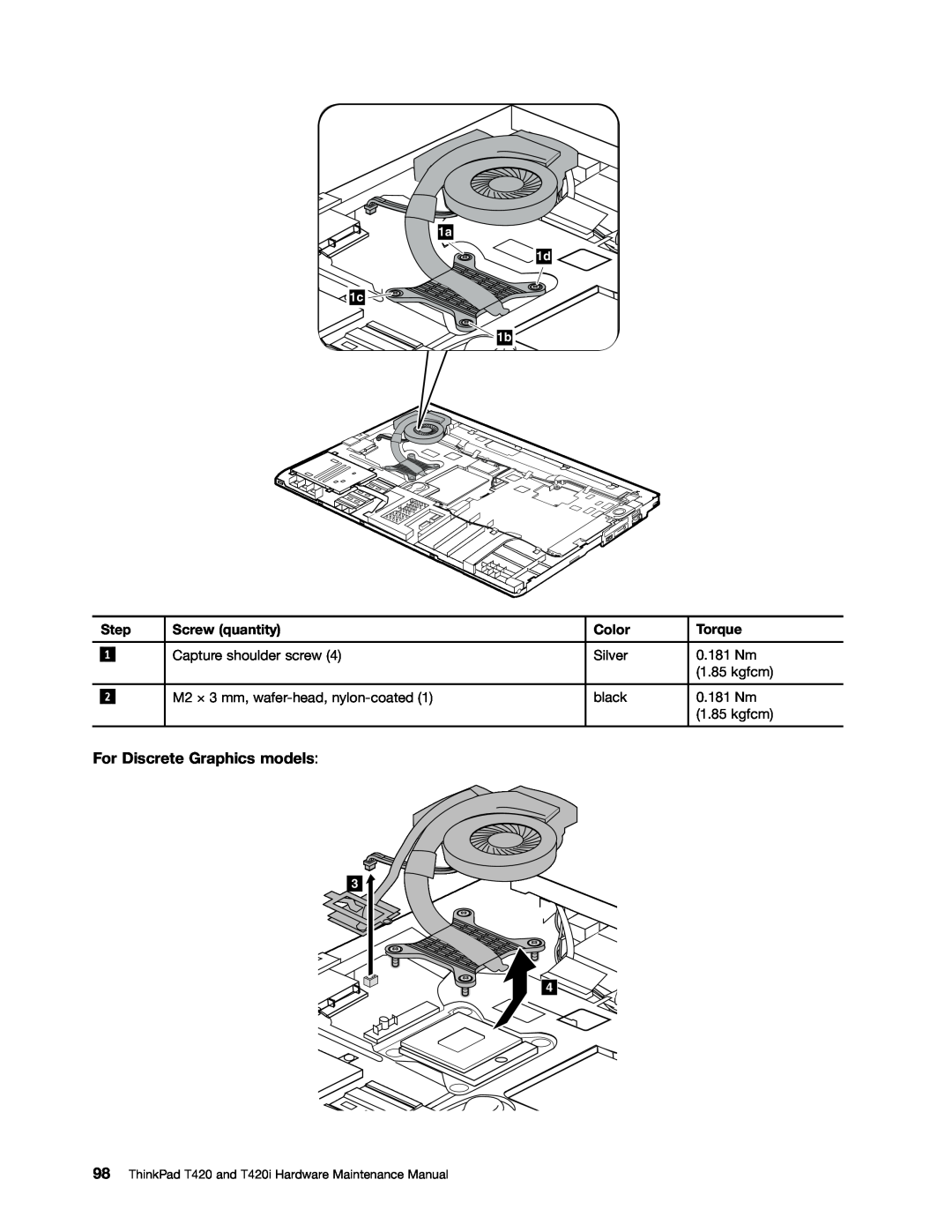 Lenovo manual For Discrete Graphics models, 1a 1d 1c 1b, ThinkPad T420 and T420i Hardware Maintenance Manual 