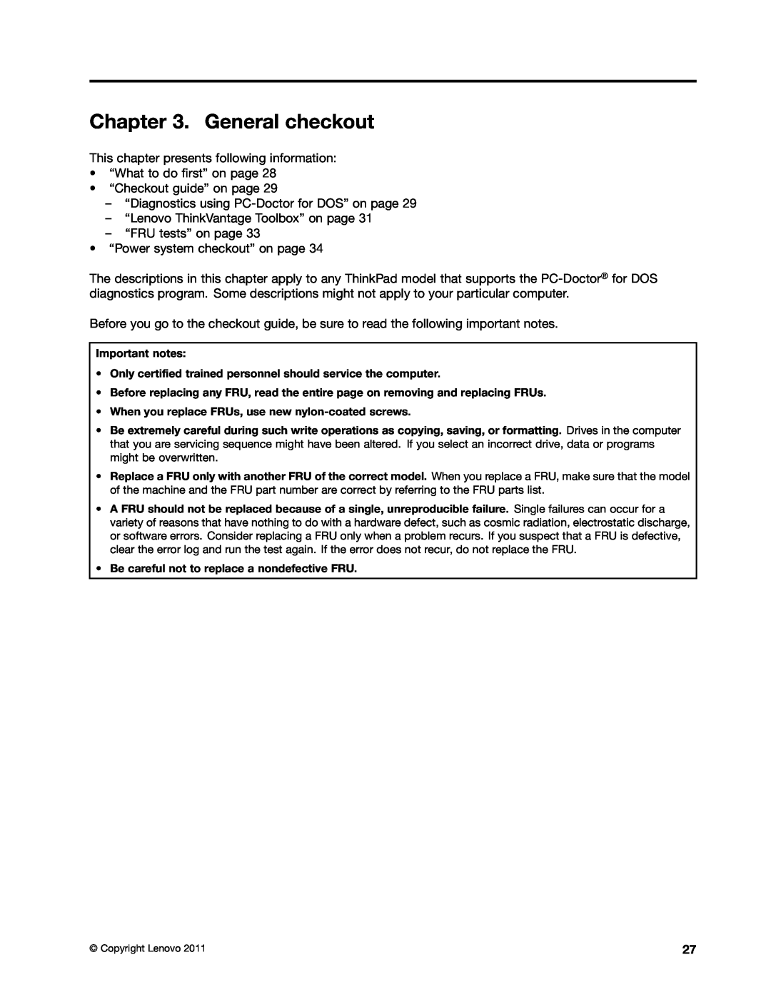 Lenovo T420i General checkout, This chapter presents following information, “Diagnostics using PC-Doctor for DOS” on page 