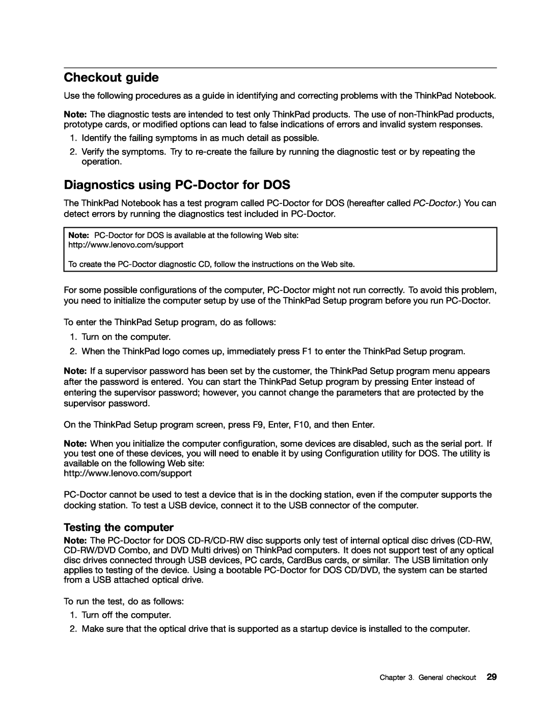 Lenovo T420i manual Checkout guide, Diagnostics using PC-Doctor for DOS, Testing the computer 