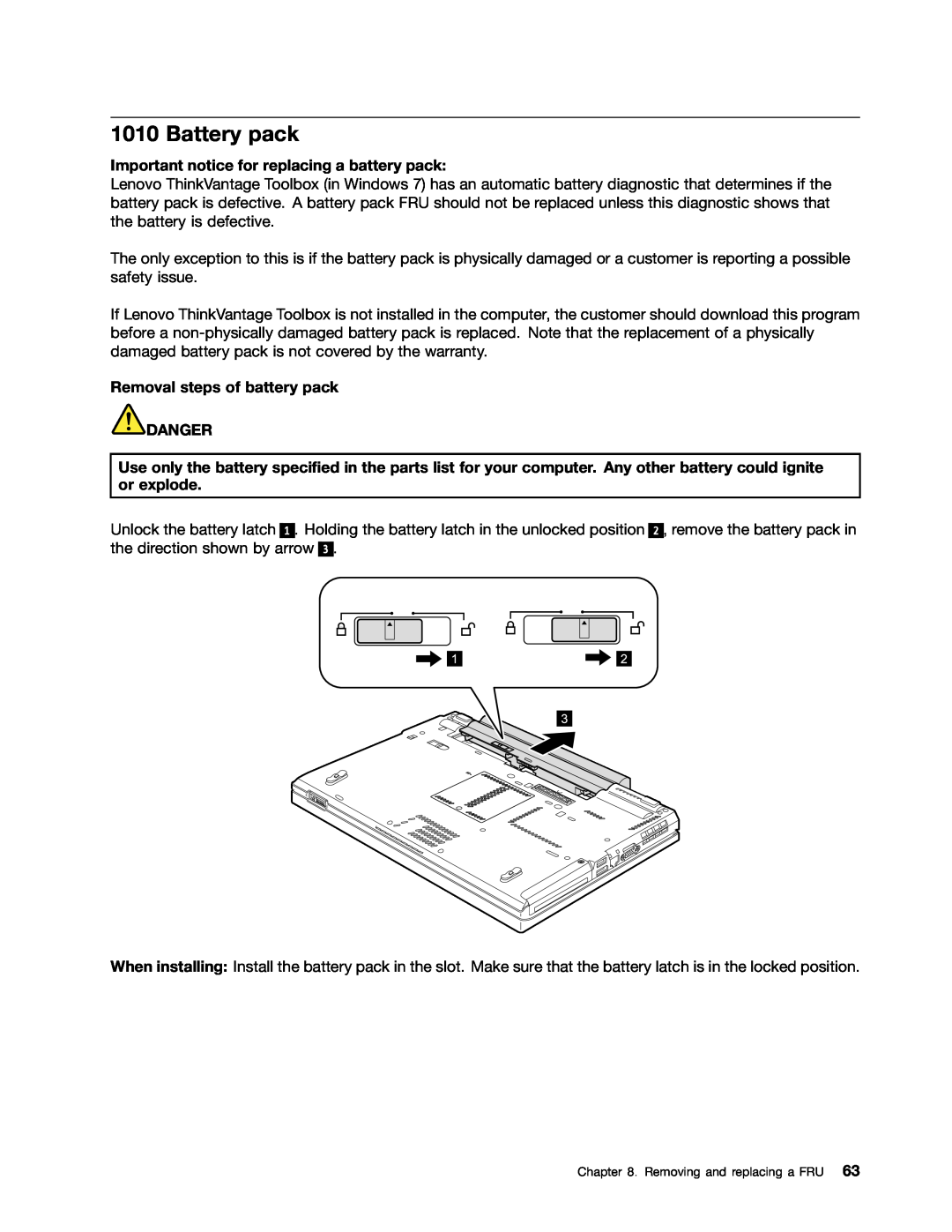 Lenovo T420i manual Battery pack, Important notice for replacing a battery pack, Removal steps of battery pack DANGER 