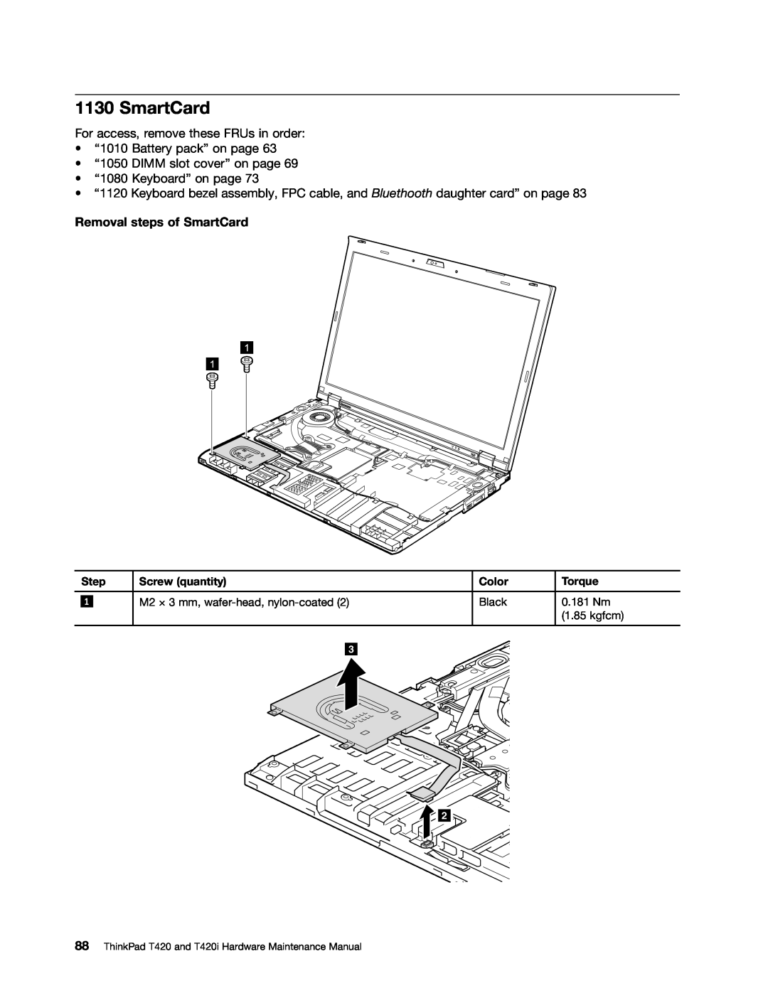 Lenovo T420i manual Removal steps of SmartCard 