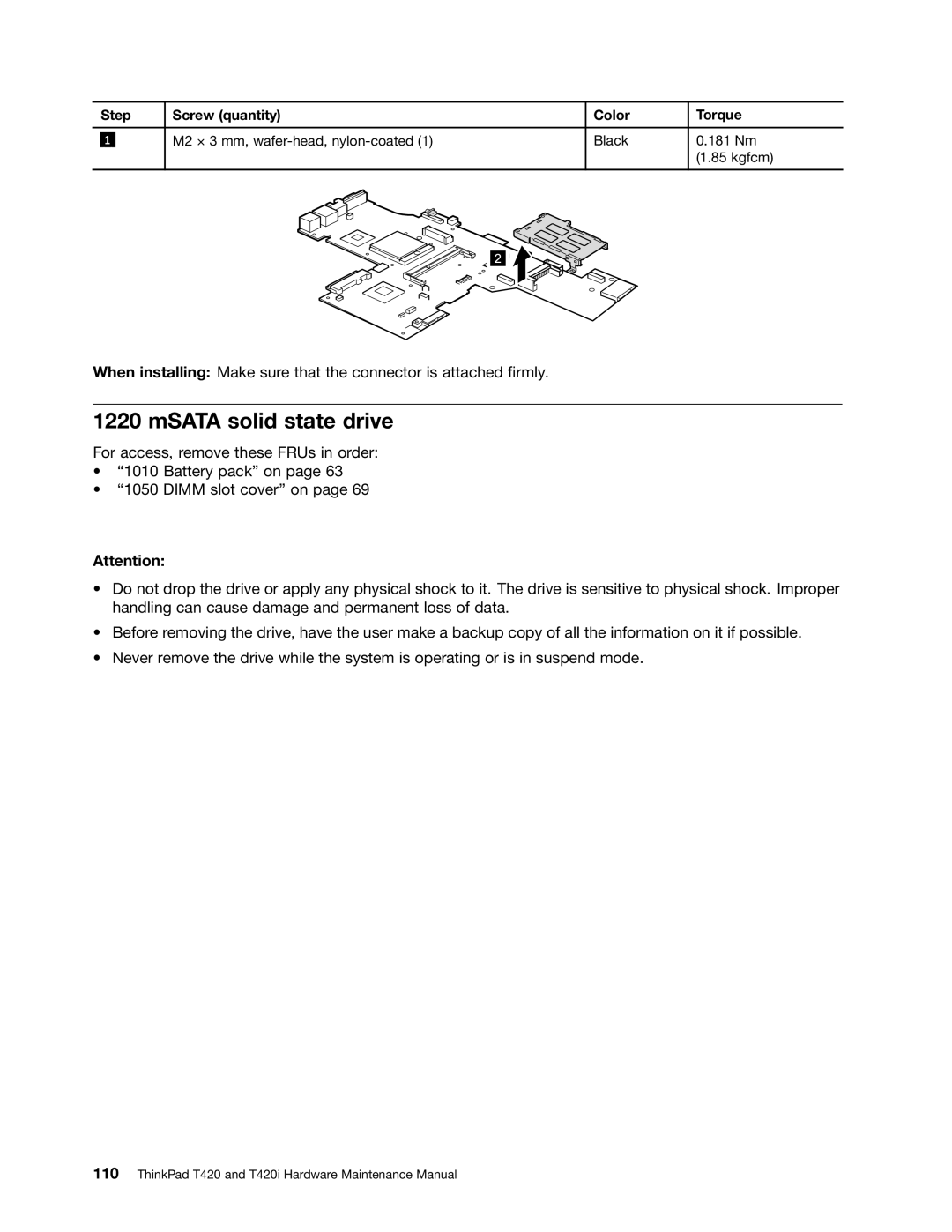 Lenovo T420i manual MSATA solid state drive, Step Screw quantity Color Torque 