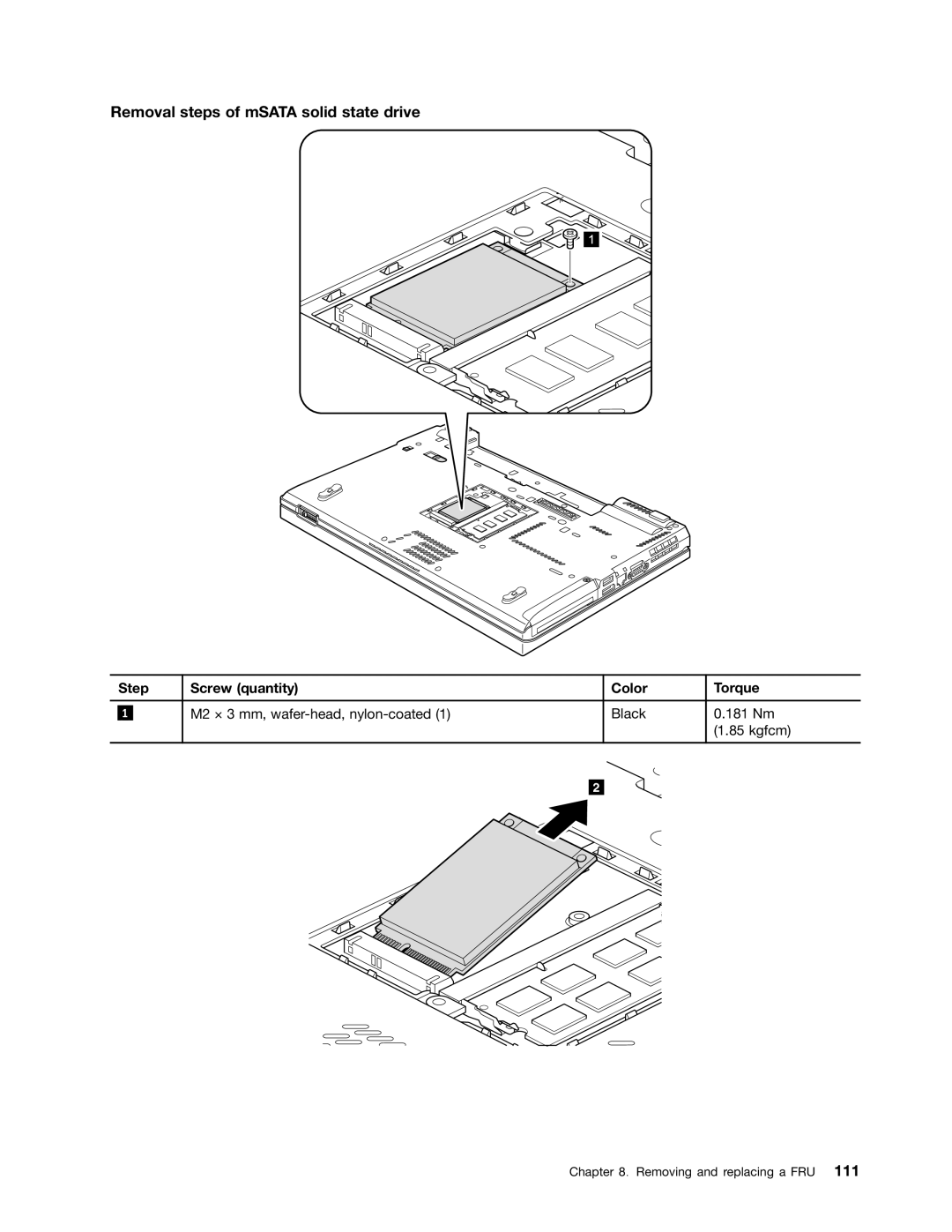 Lenovo T420i manual Removal steps of mSATA solid state drive 