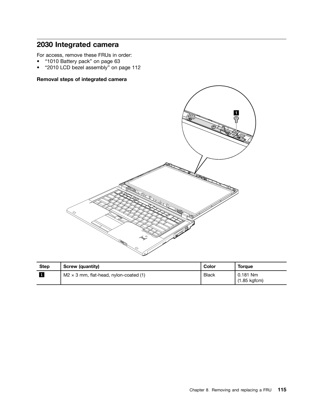 Lenovo T420i manual Integrated camera, Removal steps of integrated camera 