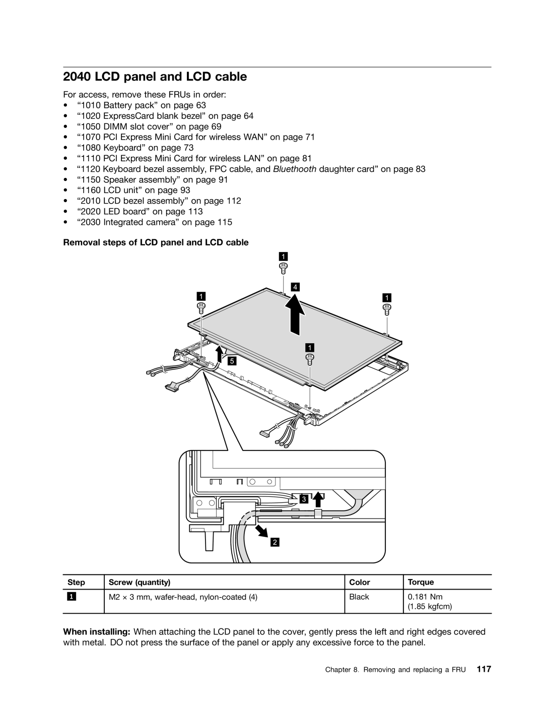 Lenovo T420i manual Removal steps of LCD panel and LCD cable 