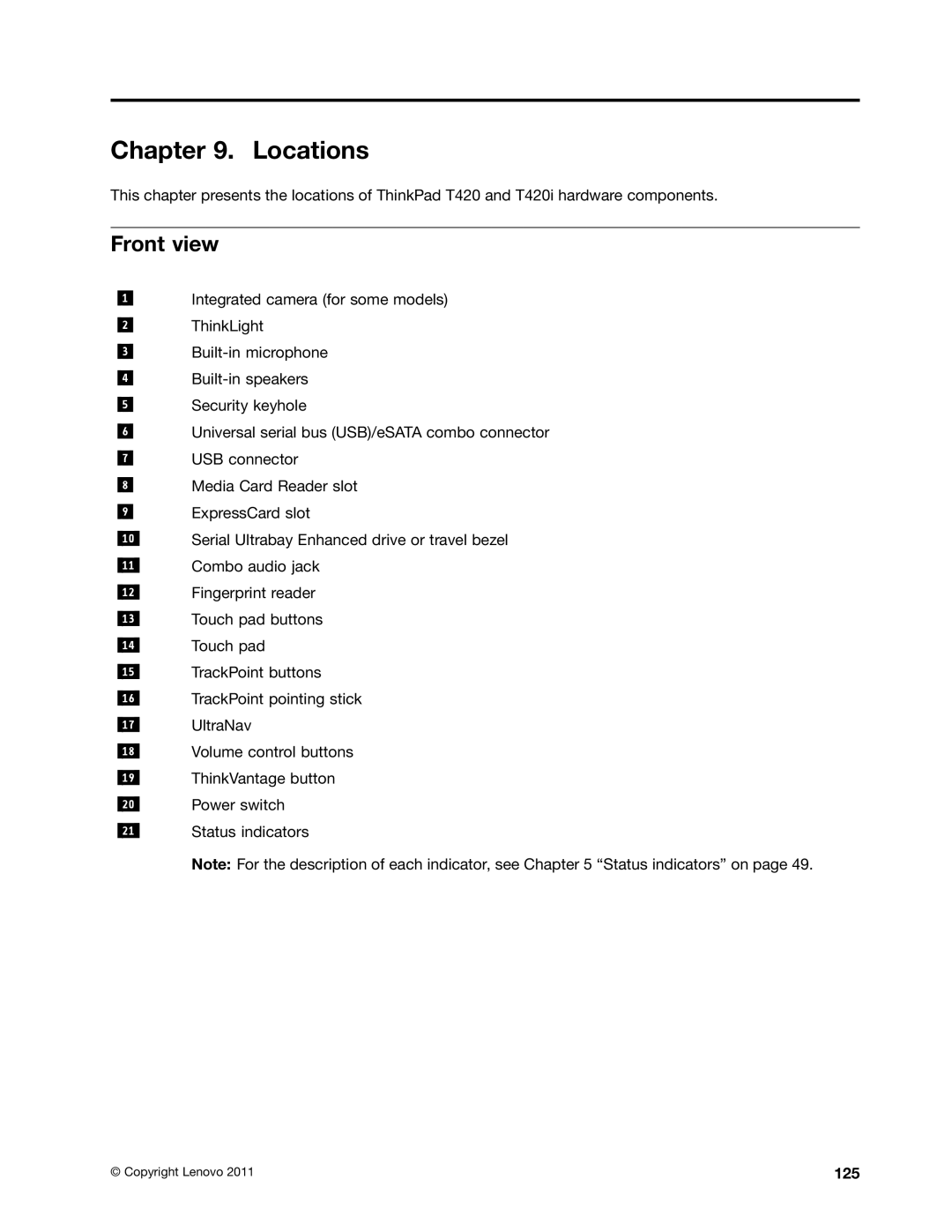 Lenovo T420i manual Locations, Front view, 125 