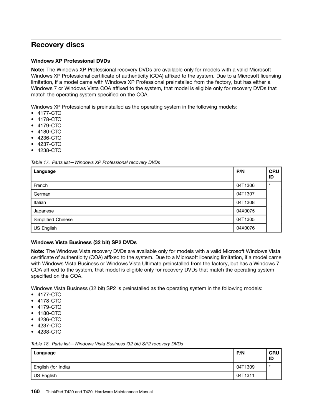 Lenovo T420i manual Recovery discs, Windows XP Professional DVDs, Windows Vista Business 32 bit SP2 DVDs, Language 