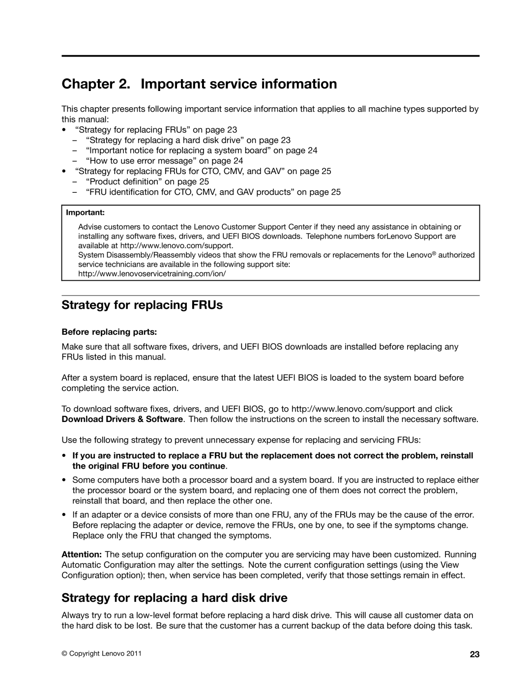 Lenovo T420i manual Important service information, Strategy for replacing FRUs, Strategy for replacing a hard disk drive 