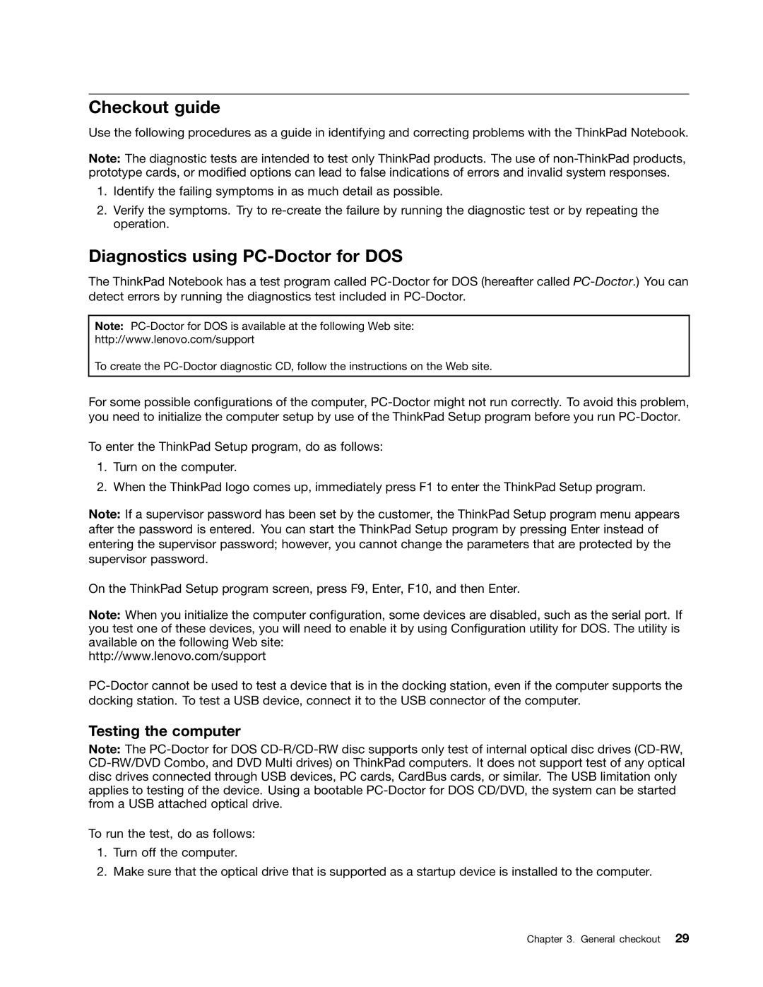 Lenovo T420i manual Checkout guide, Diagnostics using PC-Doctor for DOS 