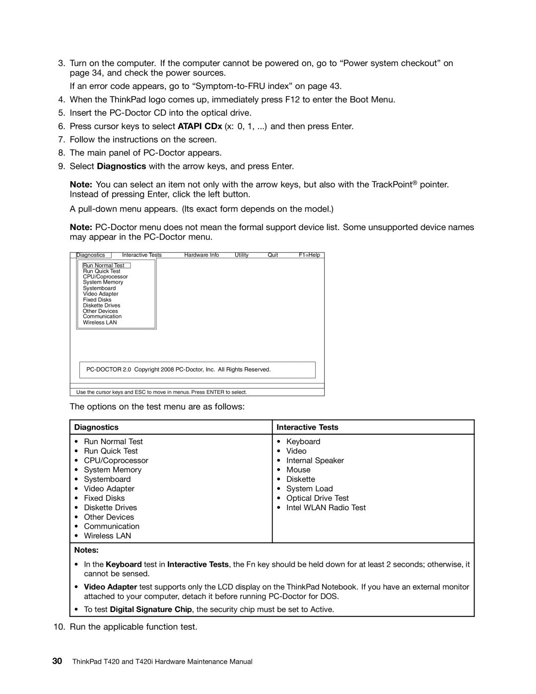 Lenovo T420i manual Options on the test menu are as follows, Diagnostics Interactive Tests 