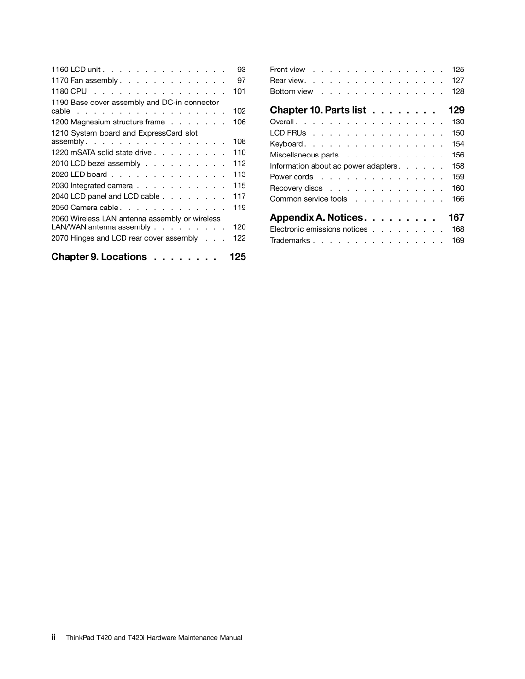 Lenovo T420i manual Locations 125 