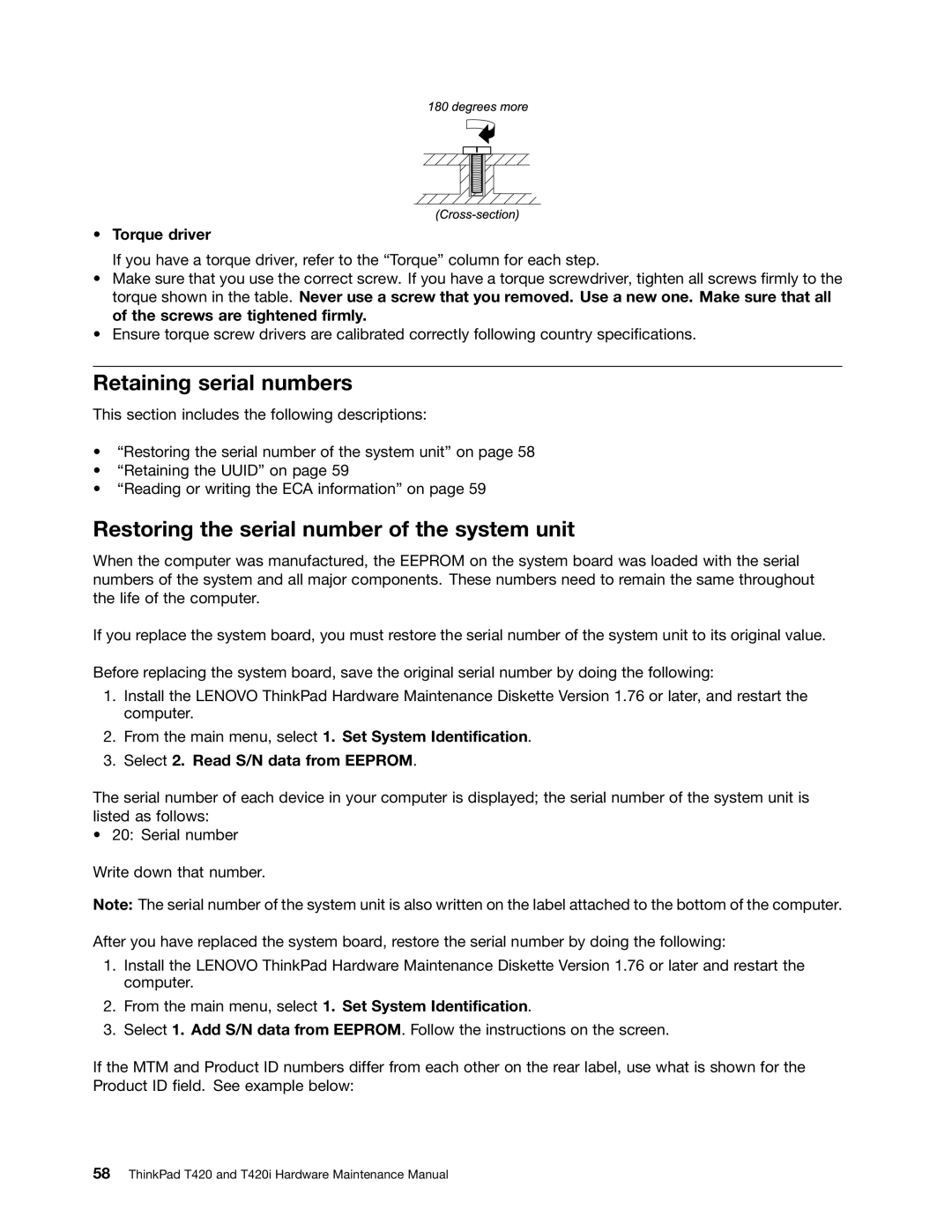 Lenovo T420i manual Retaining serial numbers, Restoring the serial number of the system unit, Torque driver 