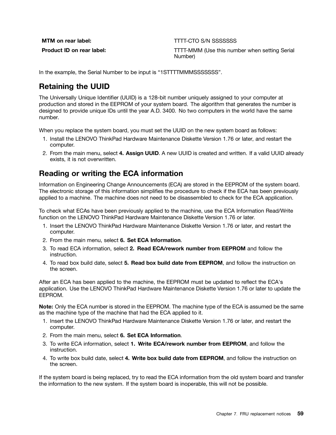 Lenovo T420i manual Retaining the Uuid, Reading or writing the ECA information, MTM on rear label, Product ID on rear label 