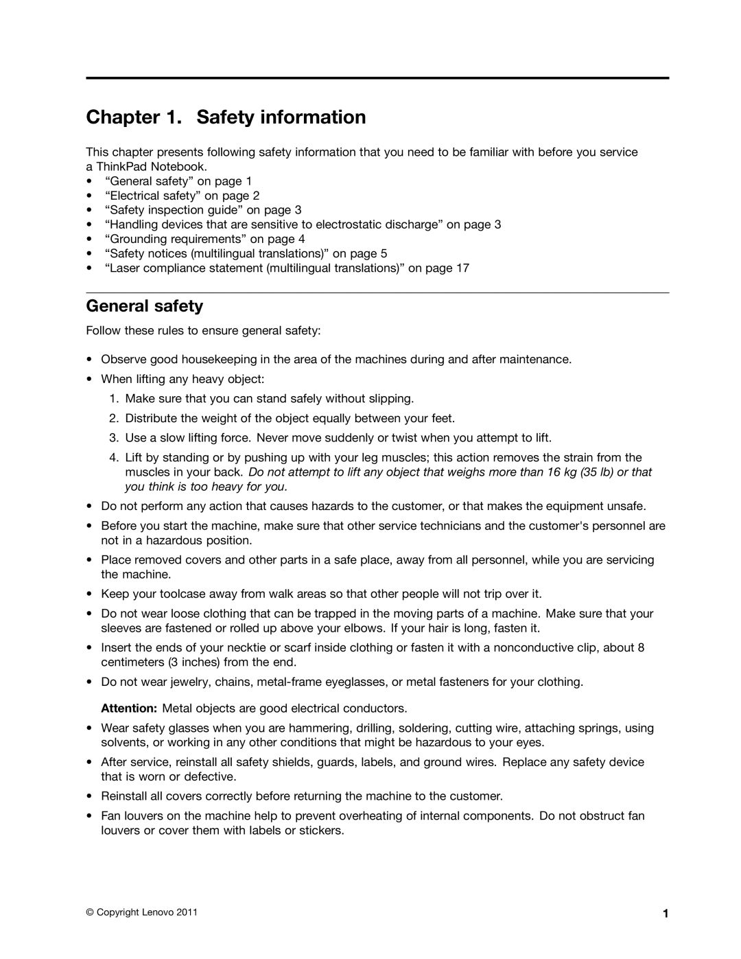 Lenovo T420i manual Safety information, General safety 