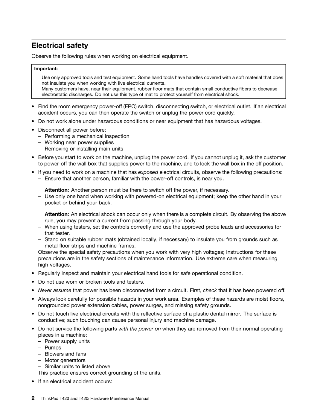 Lenovo T420i manual Electrical safety 