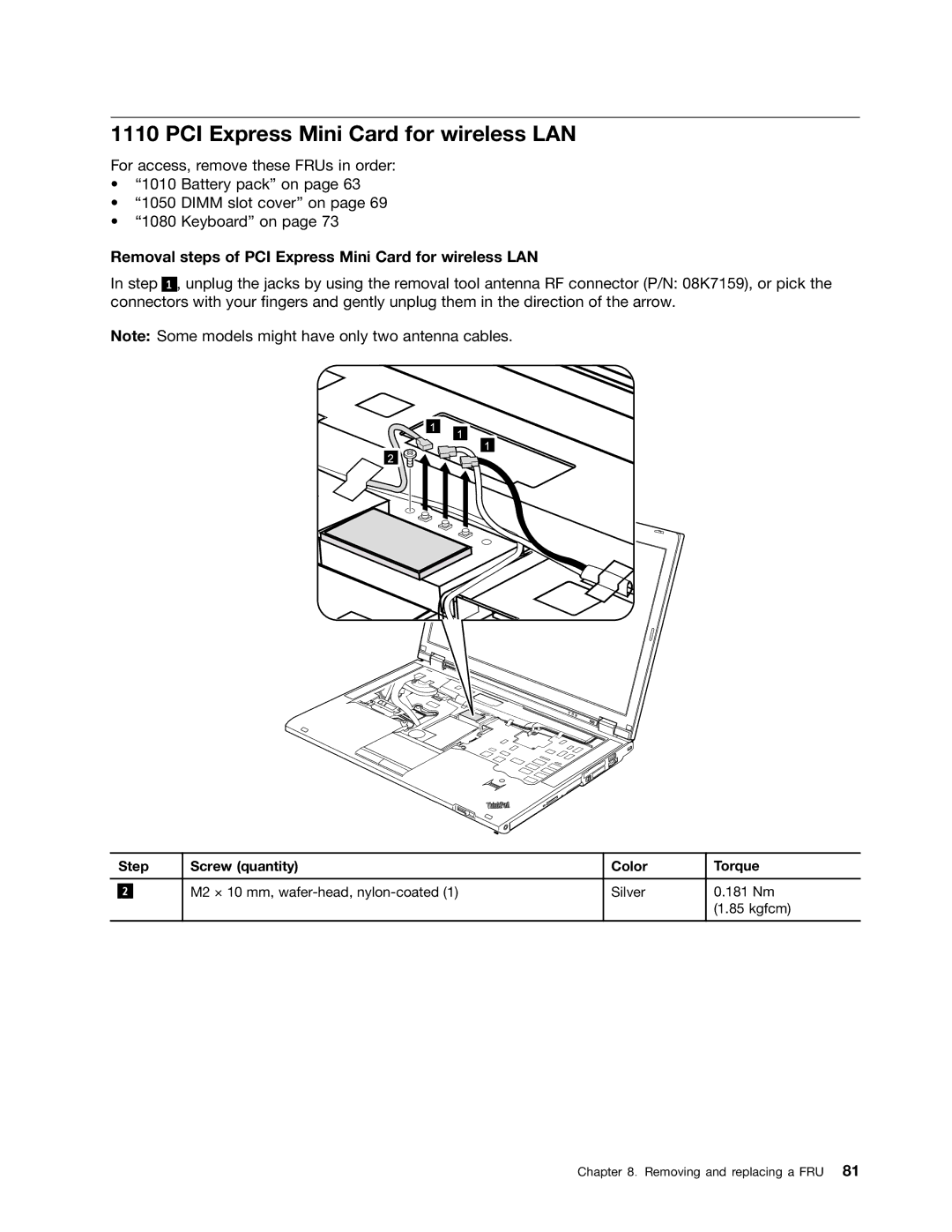 Lenovo T420i manual Removal steps of PCI Express Mini Card for wireless LAN 